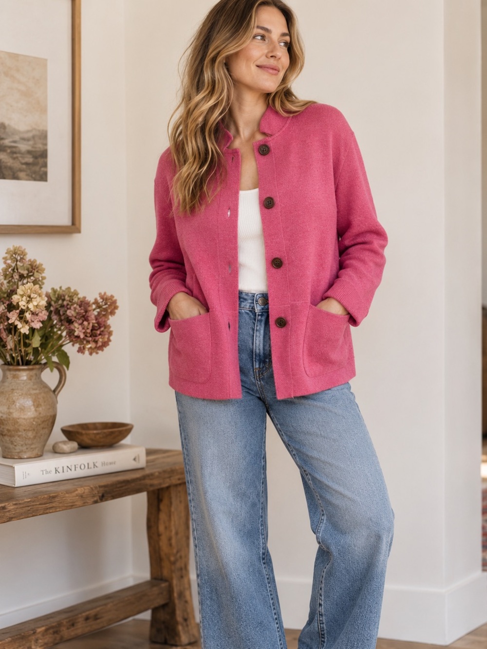 Poetry UH29 Organic Cotton Knit Jacket Cardigan Pink US 10 Patch Pockets